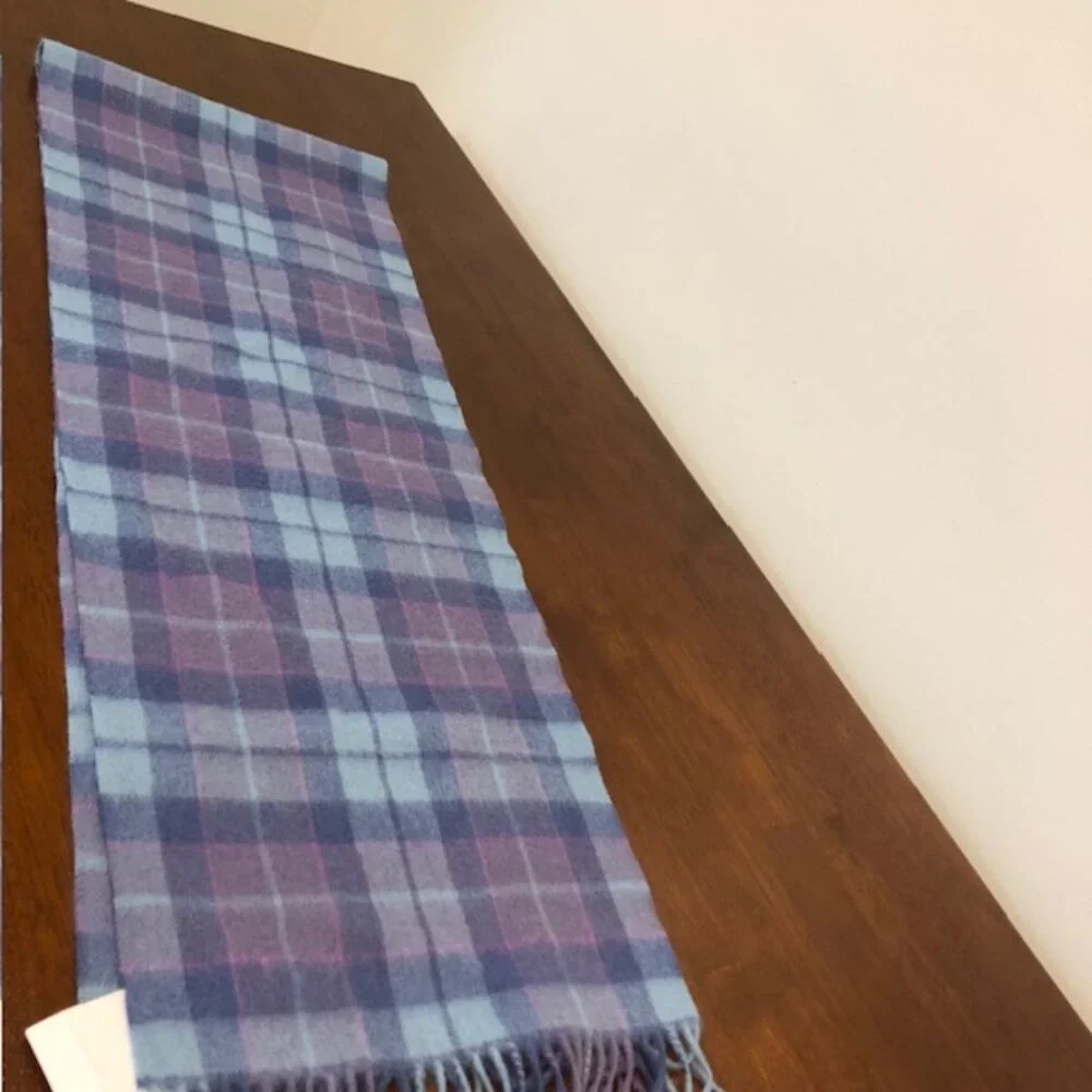 James Pringle Weavers Scotland Hand Crafted Purple Blue Plaid Wool Scarf NWT.